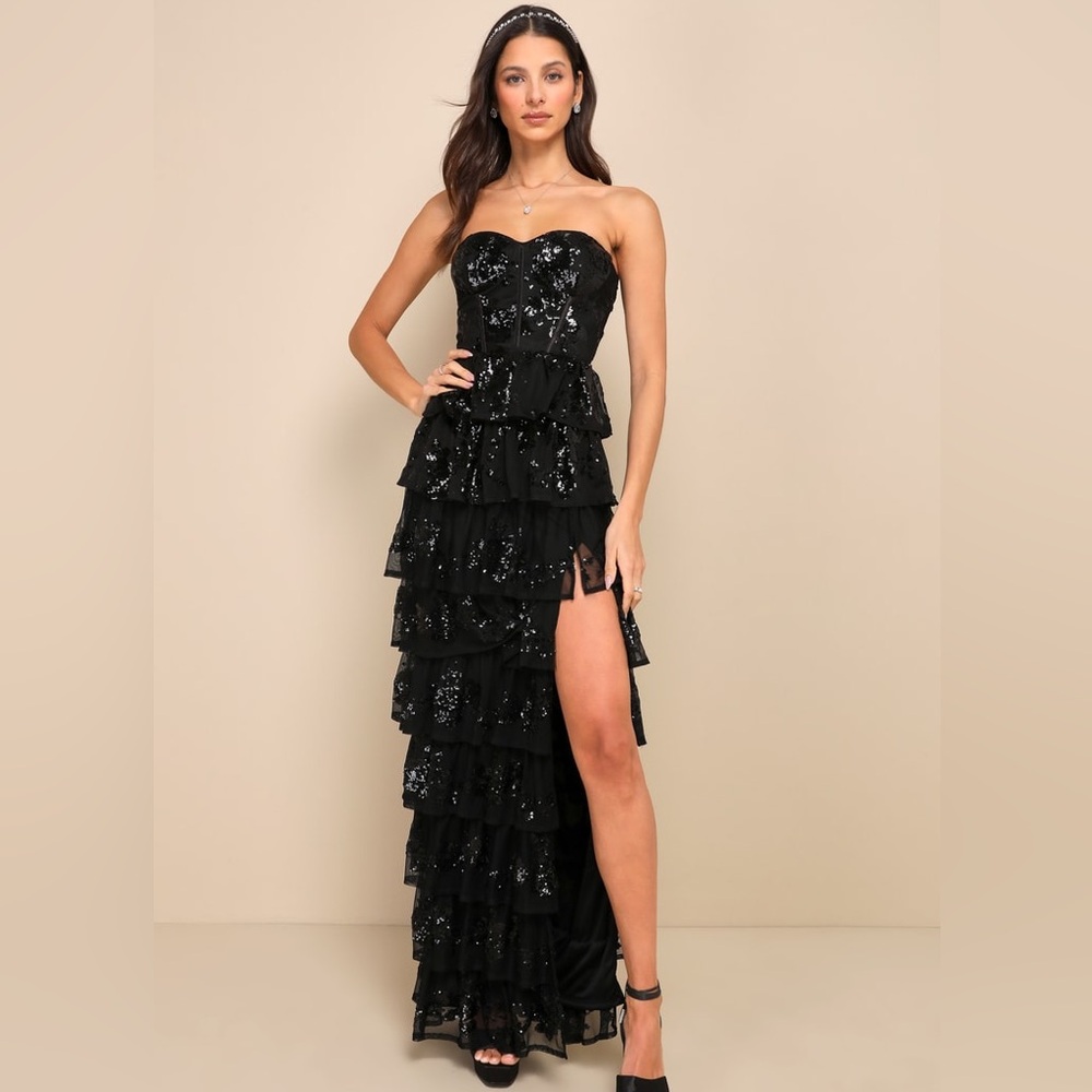 NWT Lulu's Definite Glamour Black Sequin Bustier Maxi Dress size Small